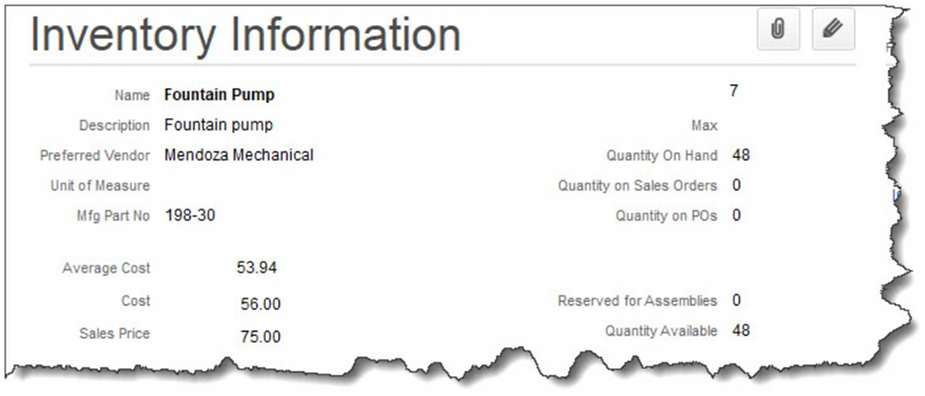 Example of what inventory information looks like in QuickBooks