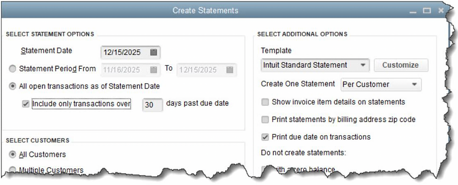 View of Creating Statements in QuickBooks